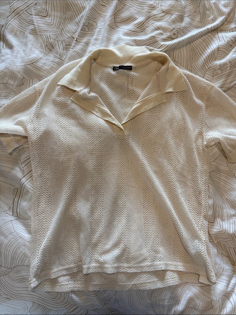 Zara Cream Open-Weave Polo Shirt M